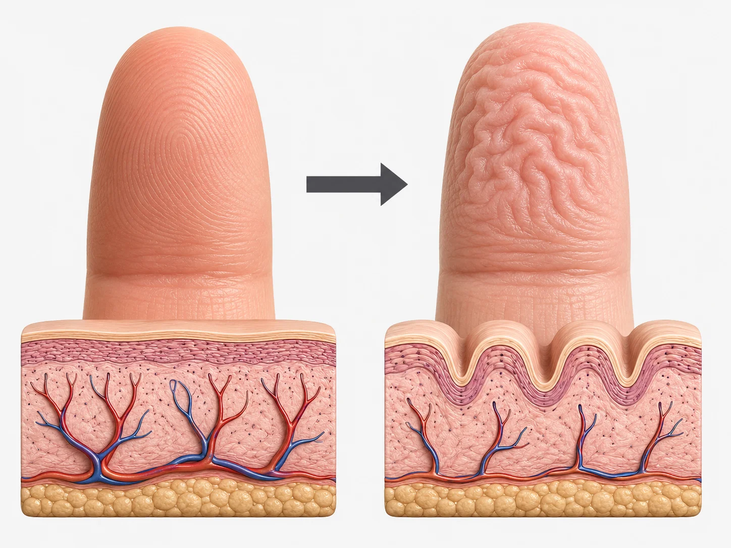 Cross-section diagram of finger showing blood vessel constriction causing skin wrinkling