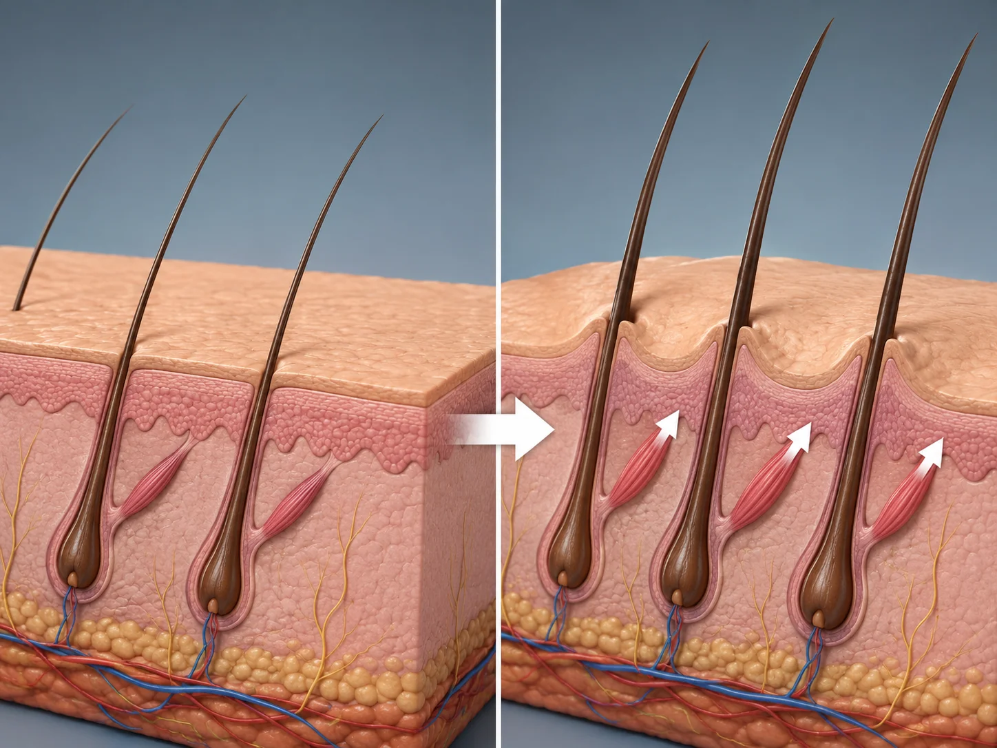 Cross-section diagram of skin showing arrector pili muscle pulling hair upright