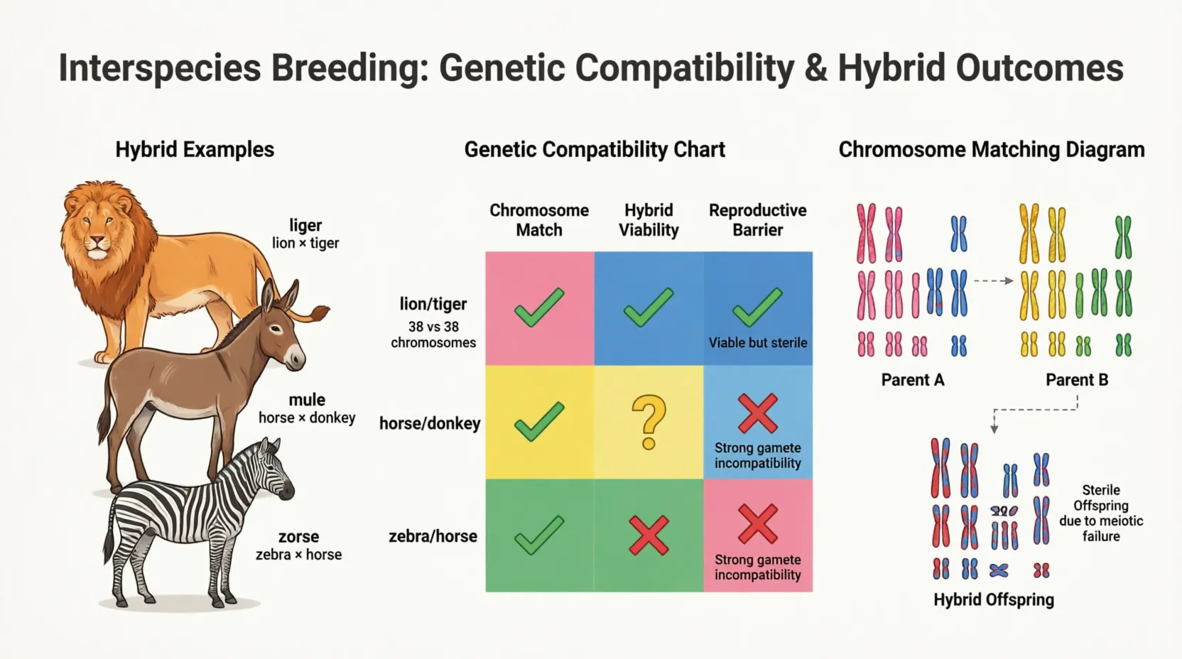 Spectrum diagram showing genetic distance versus hybrid outcome from fertile to sterile to non-viable