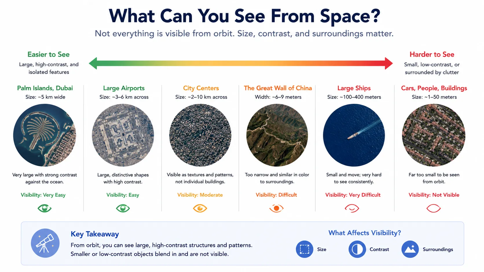 Diagram comparing the angular size of the Great Wall versus a runway from low Earth orbit altitude