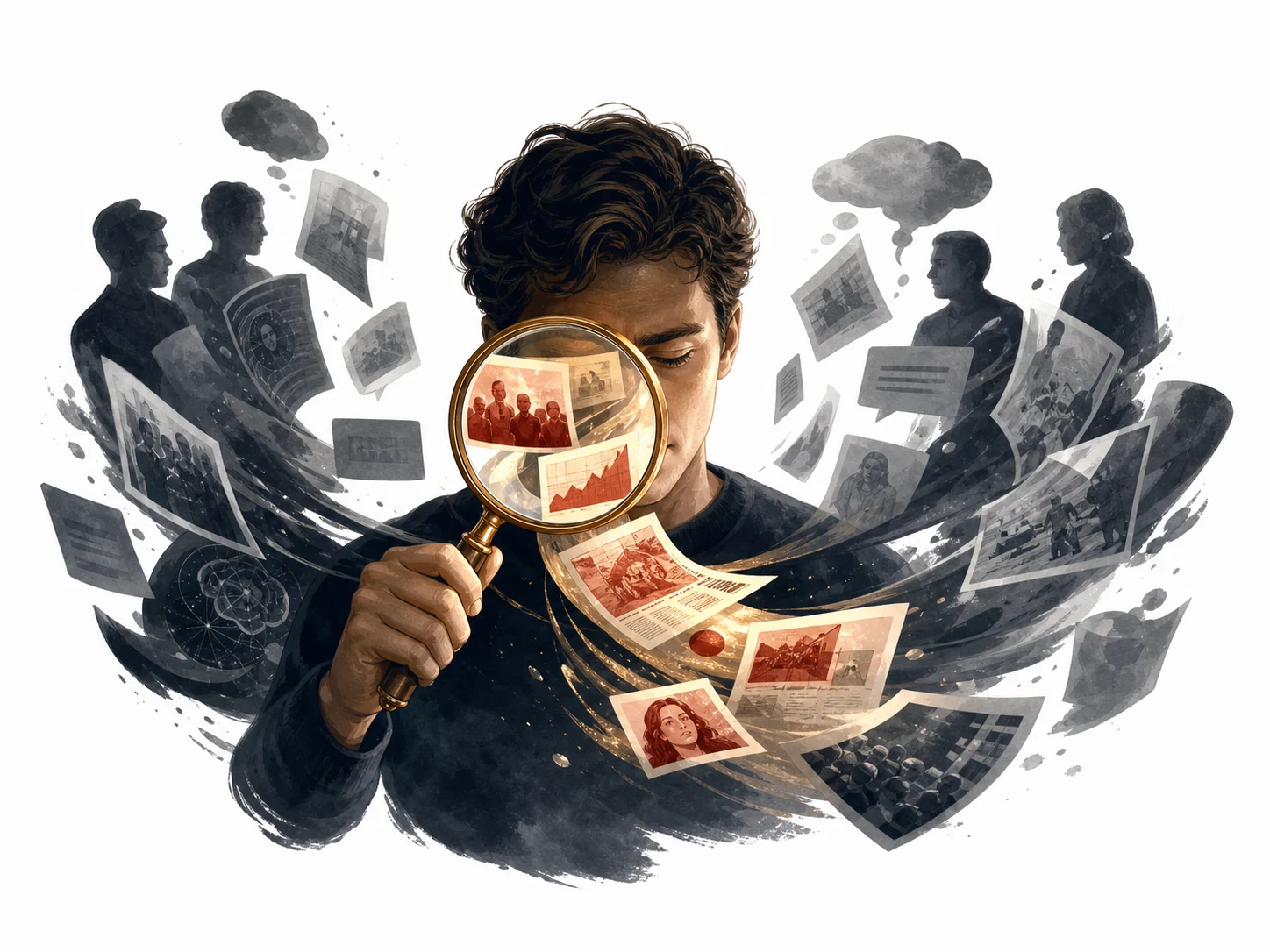 Editorial illustration of a person looking at evidence through a colored lens that filters out conflicting information