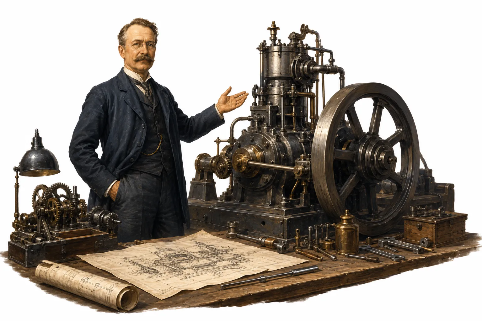 A cutaway technical illustration of an early compression-ignition engine