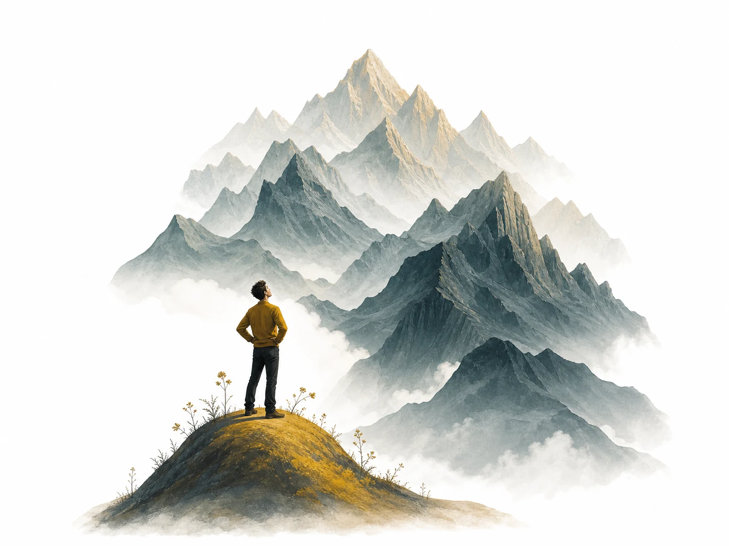 Editorial illustration showing the Dunning-Kruger curve with a person at the peak of overconfidence