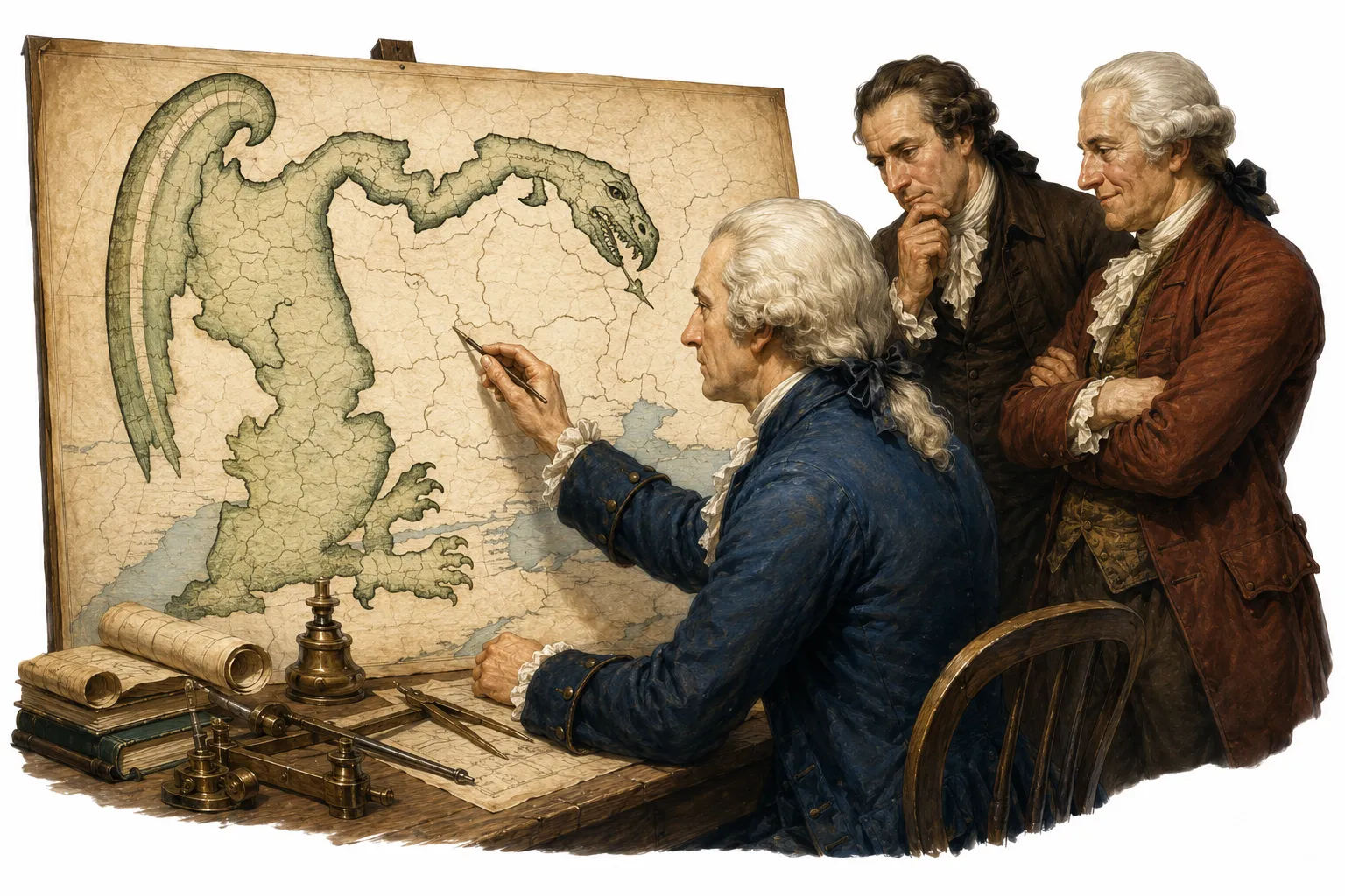 A vintage political cartoon of a winged, clawed salamander-shaped map district