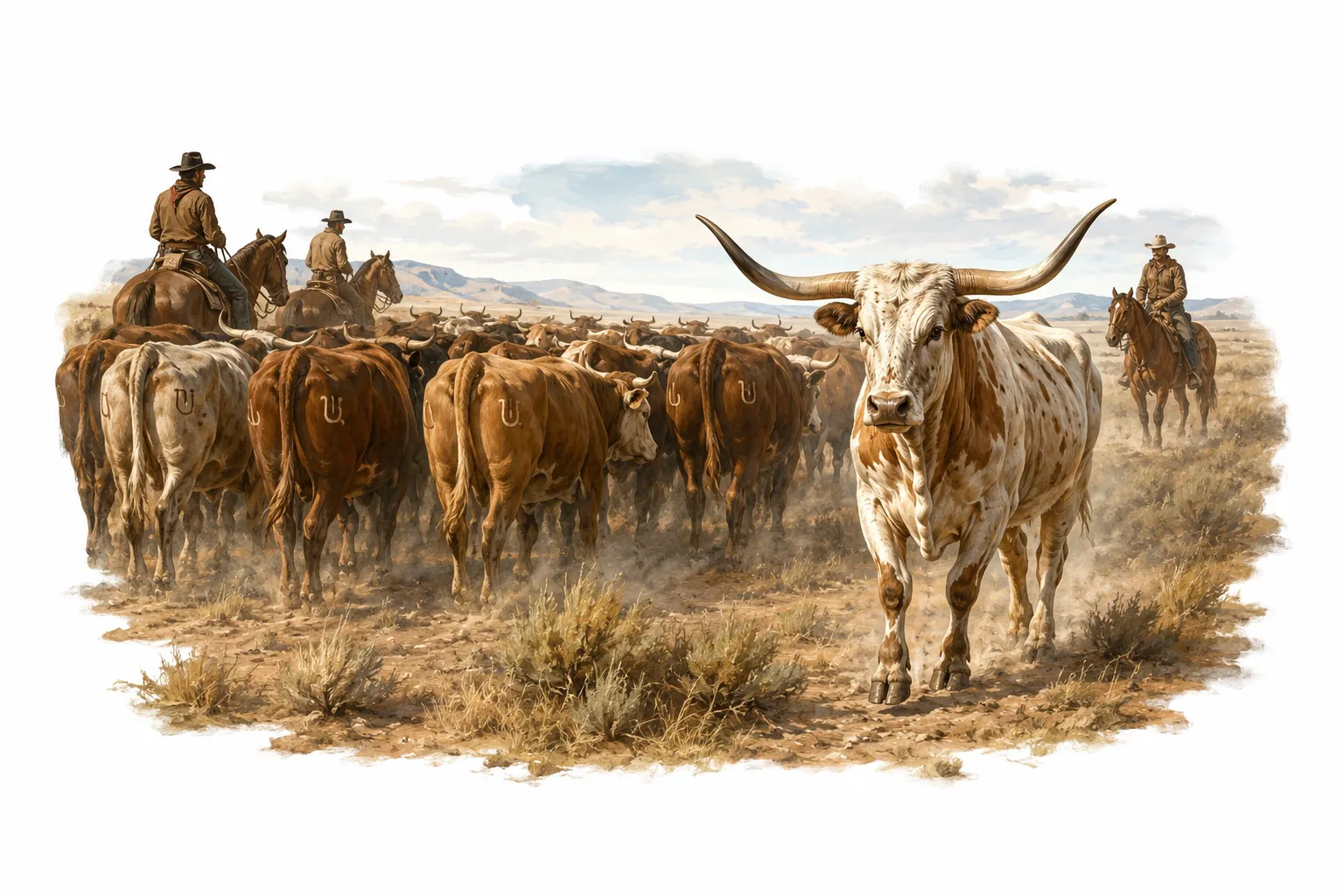 An unbranded longhorn steer standing alone on open Texas rangeland