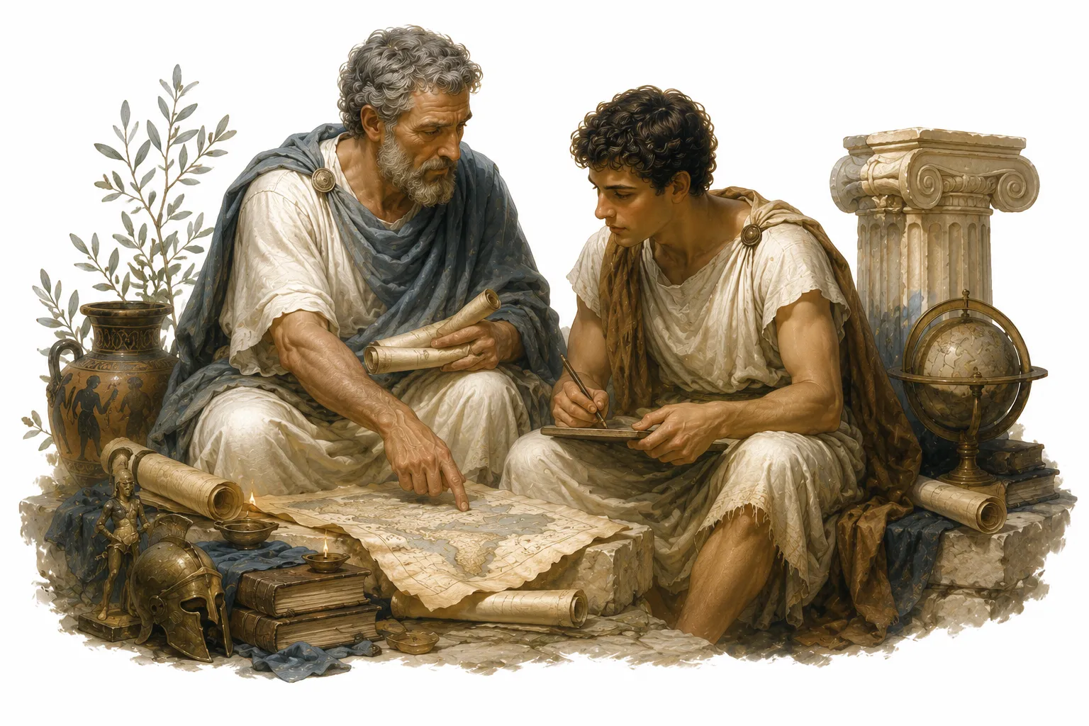 An ancient Greek pottery illustration of an older man advising a young traveler