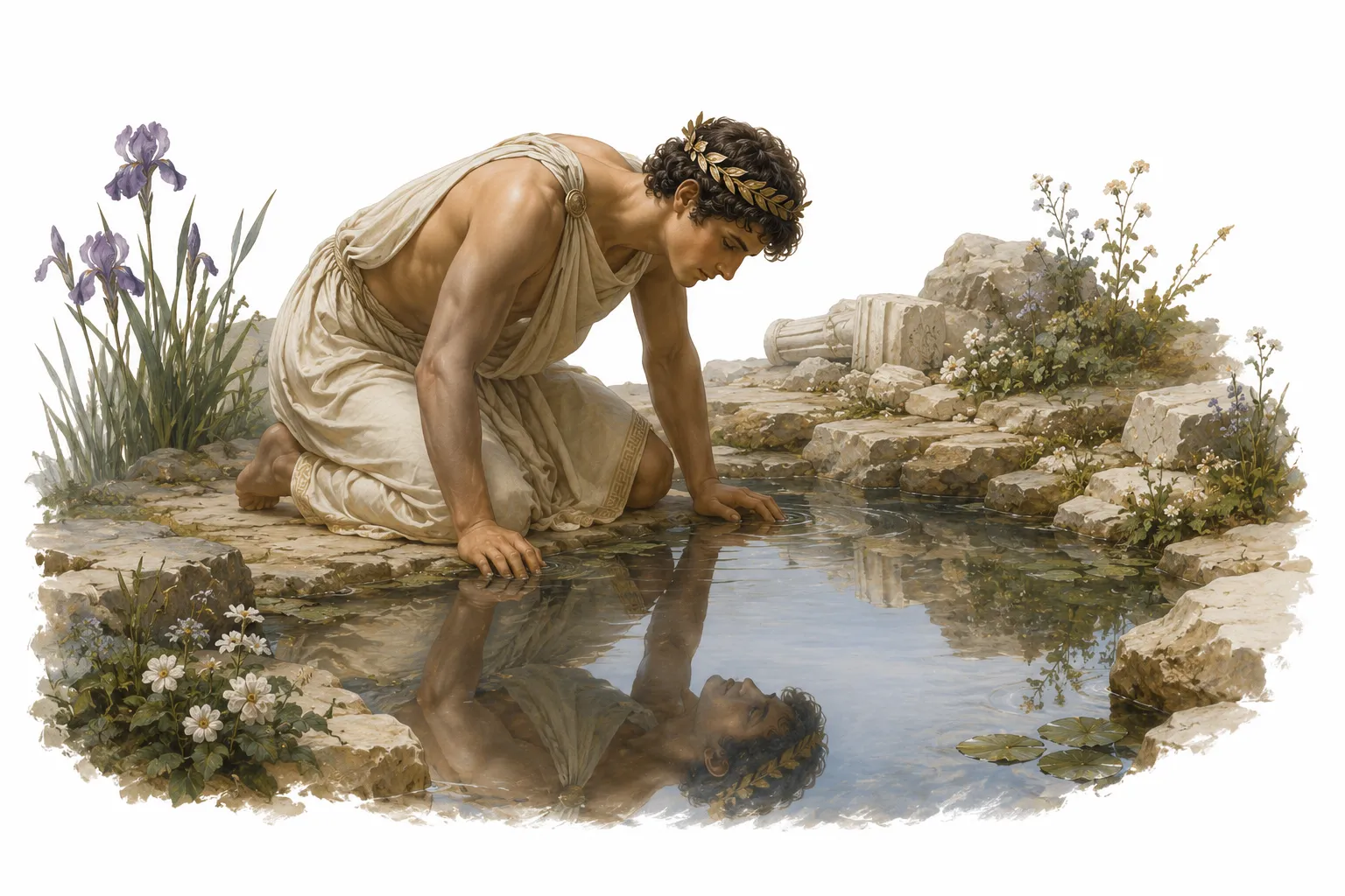 A still pool of water reflecting an empty riverbank, evoking the Narcissus myth