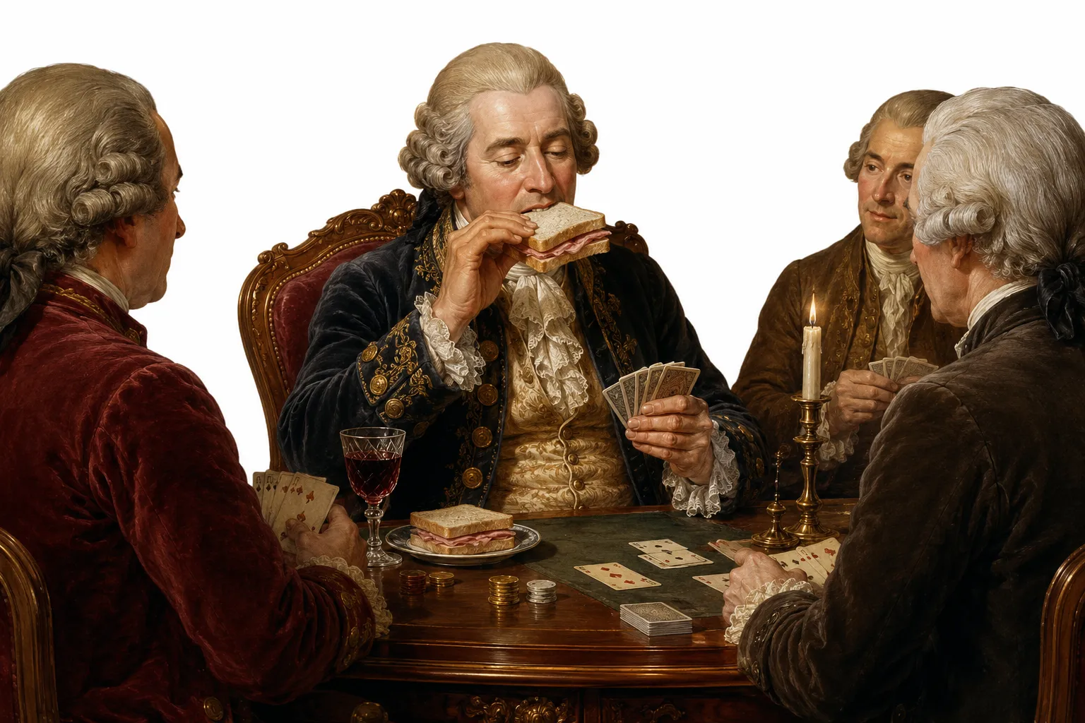 A wedge of bread and meat resting beside a set of 18th-century playing cards