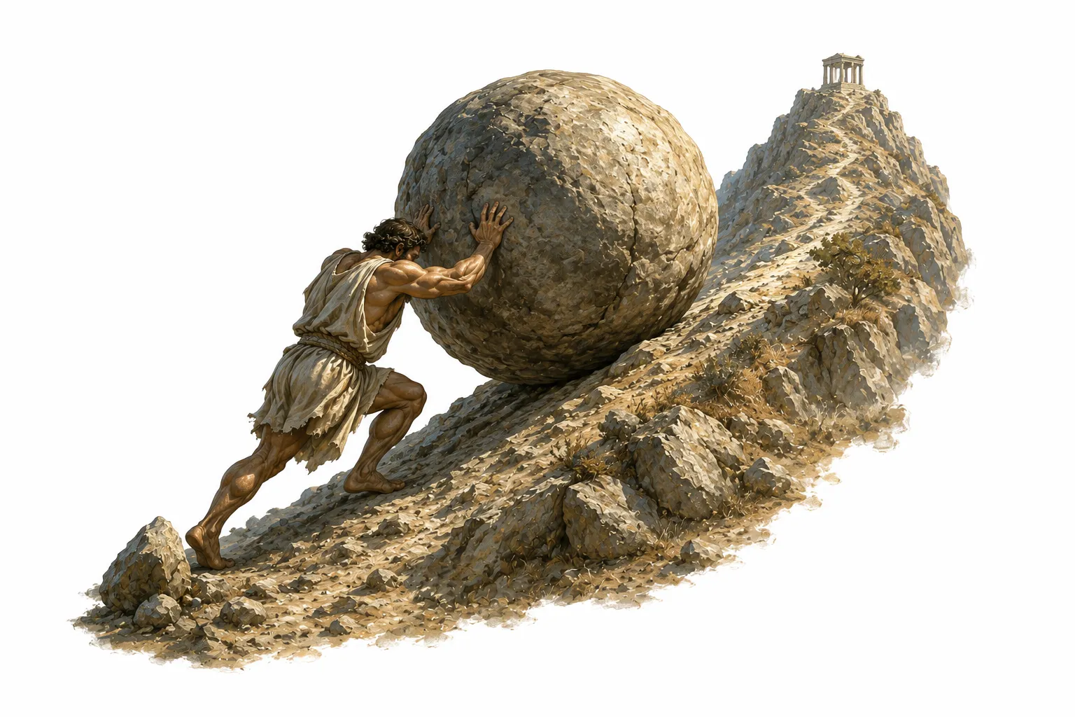 A lone figure pushing a large boulder up a steep, rocky hill