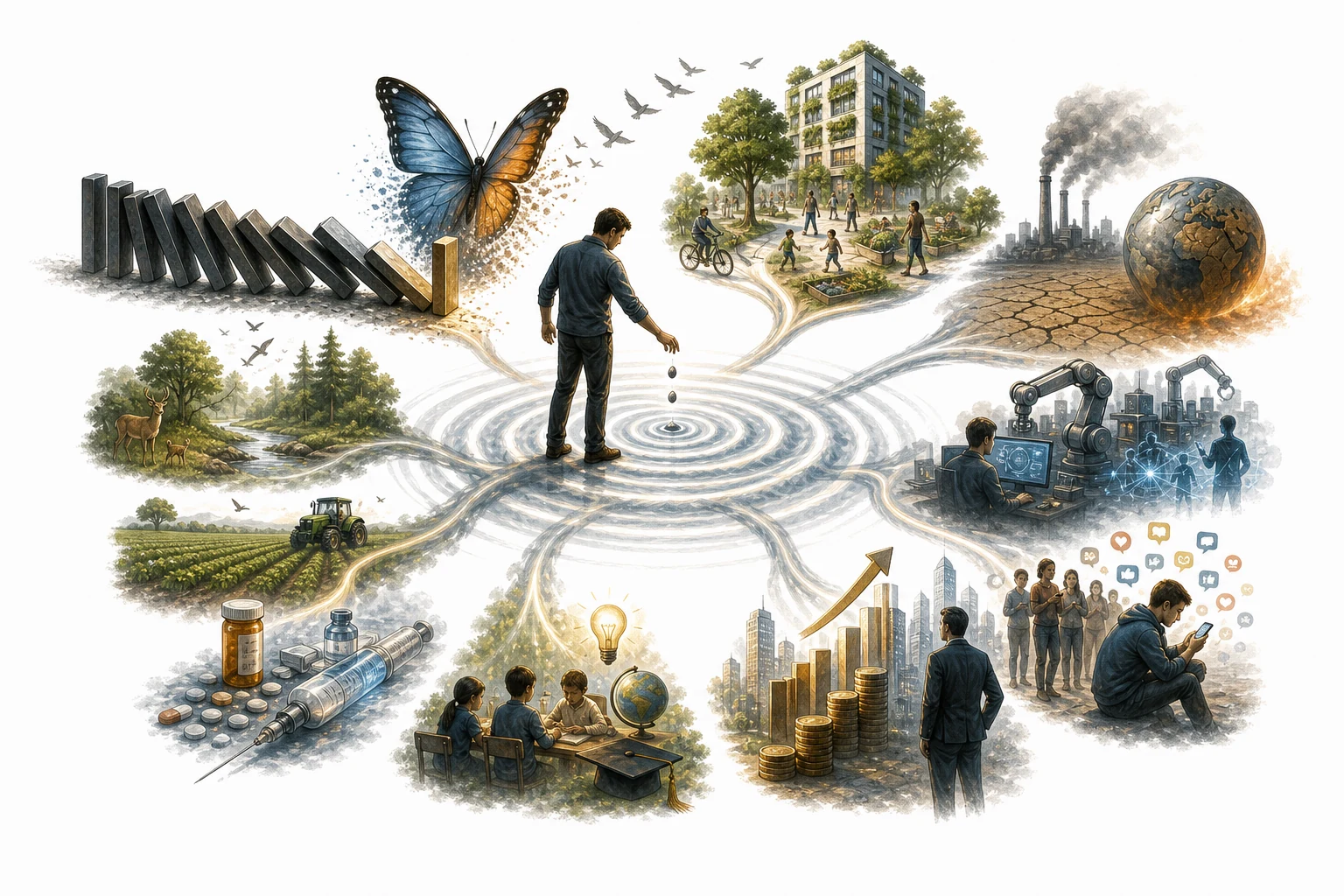 Editorial illustration of a person trying to fix a problem and creating a bigger one