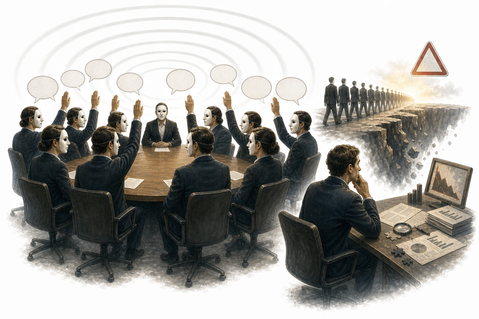 Editorial illustration of a group of people agreeing with each other despite doubts