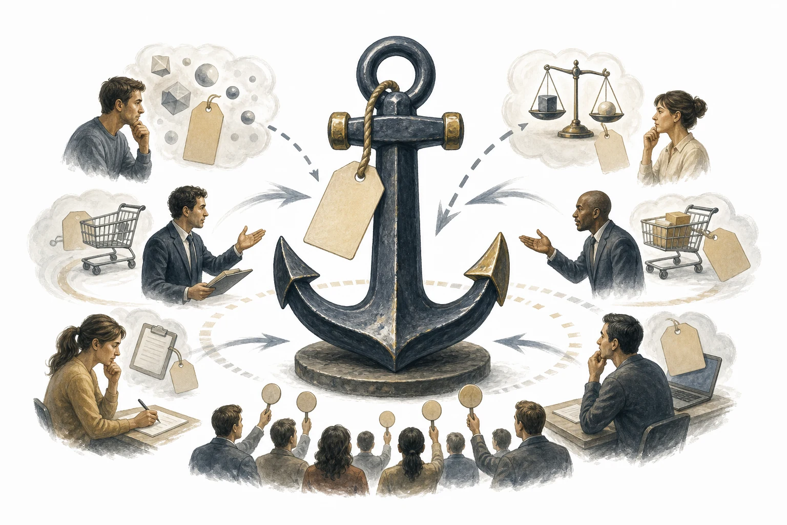 Editorial illustration of a price tag with an anchor influencing a person's perception of value
