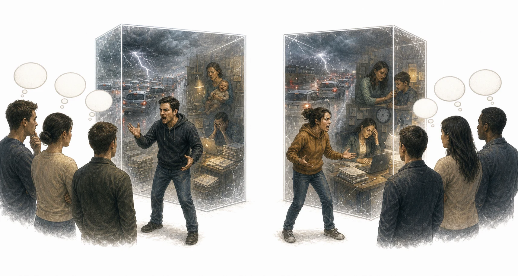 Editorial illustration of a person judging another driver while ignoring situational factors