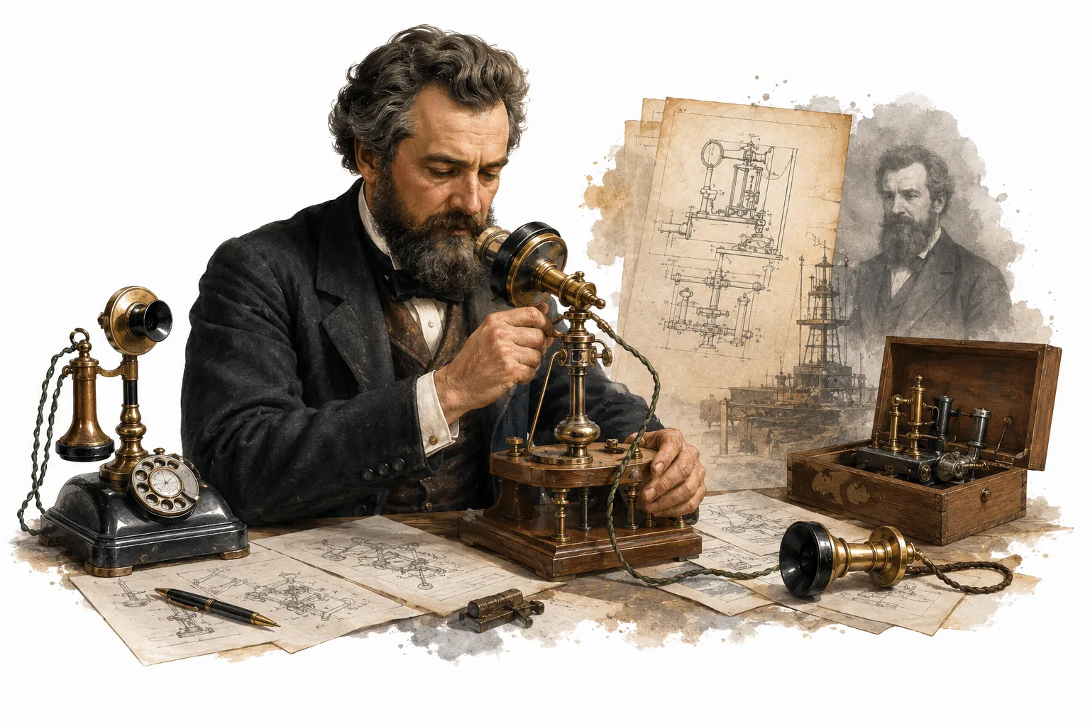 Editorial illustration of Bell speaking into the first telephone