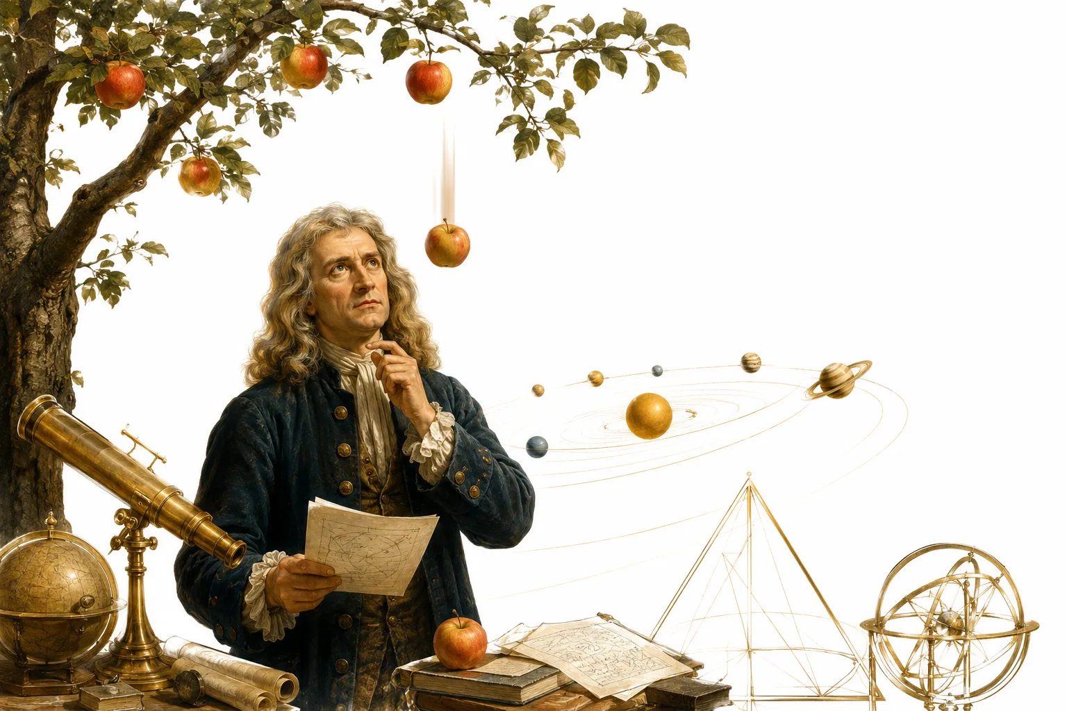 Editorial illustration of Newton sitting under an apple tree with a thoughtful expression