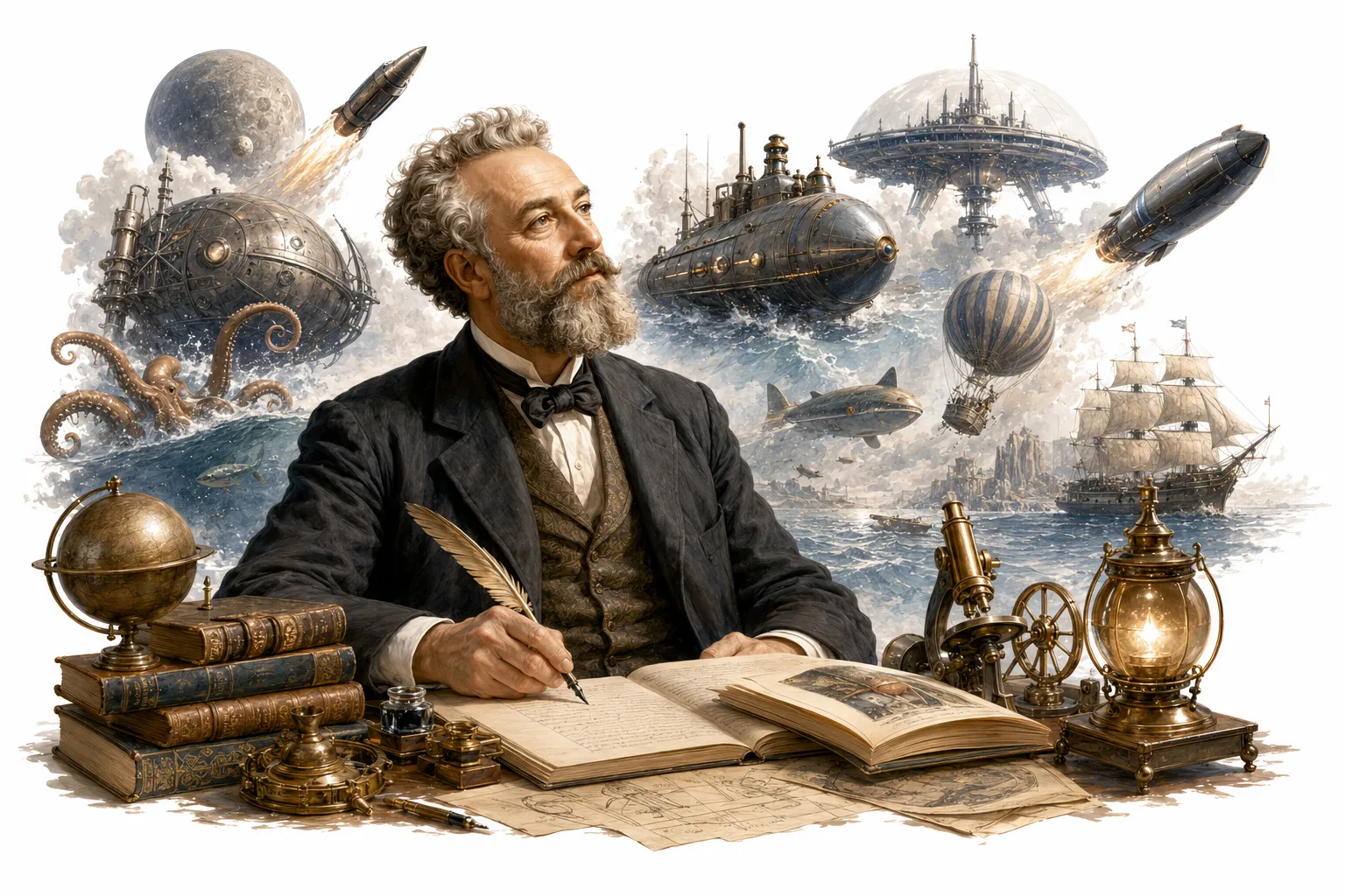 Editorial illustration of Jules Verne surrounded by his fictional inventions