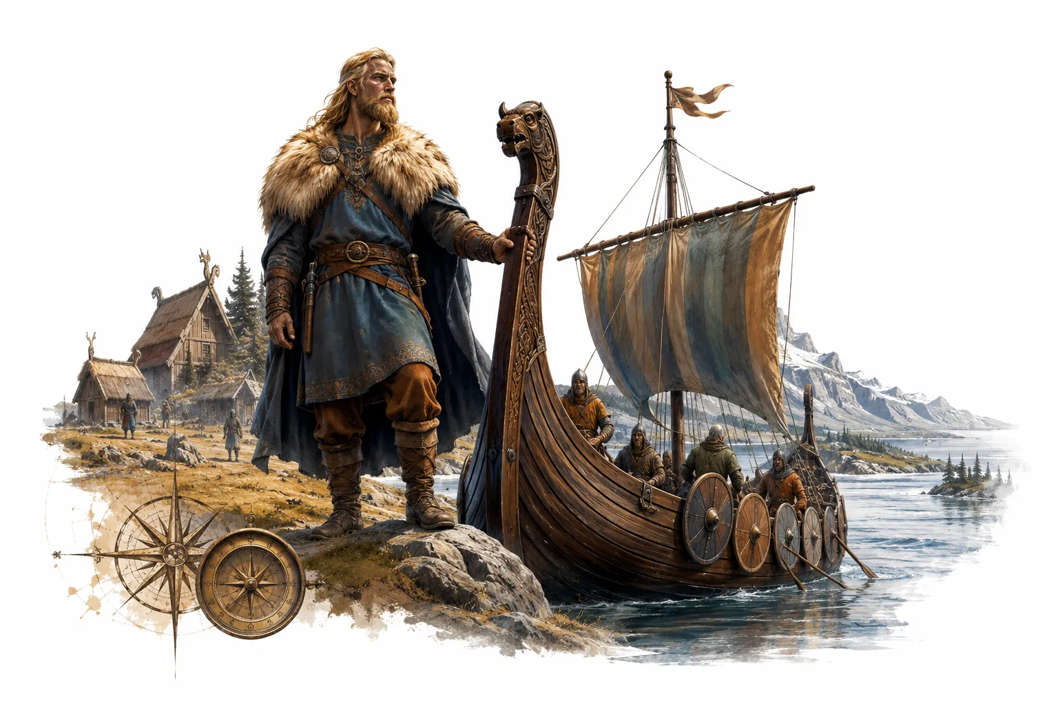 Editorial illustration of a Viking longship approaching the coast of North America
