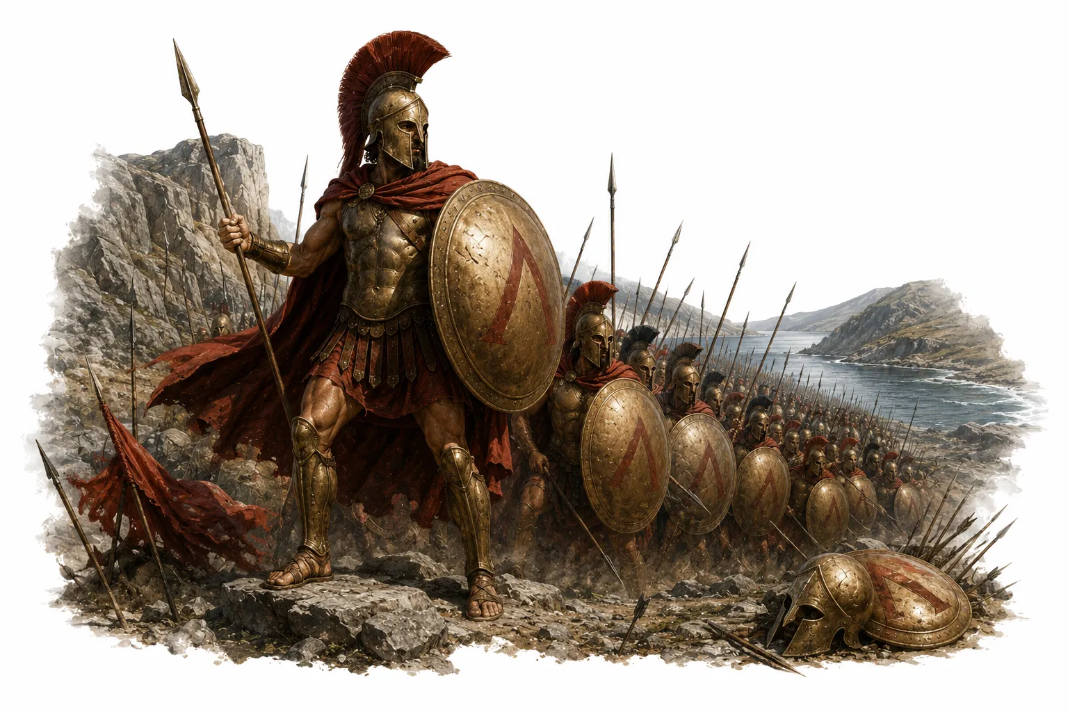 Editorial illustration of Leonidas leading the Spartans at Thermopylae