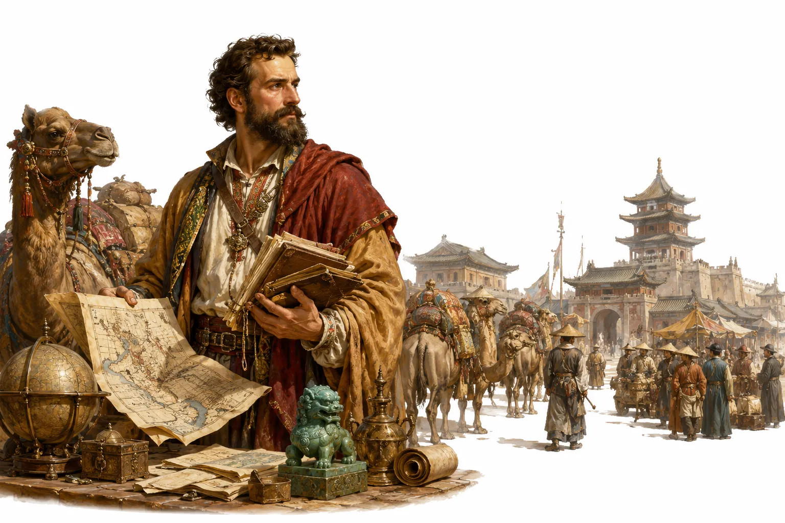 Editorial illustration of Marco Polo meeting Kublai Khan