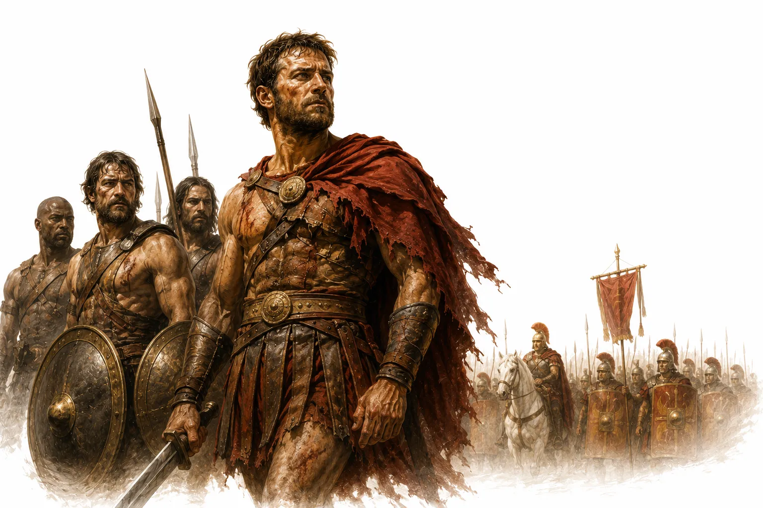 Editorial illustration of Spartacus leading a slave army