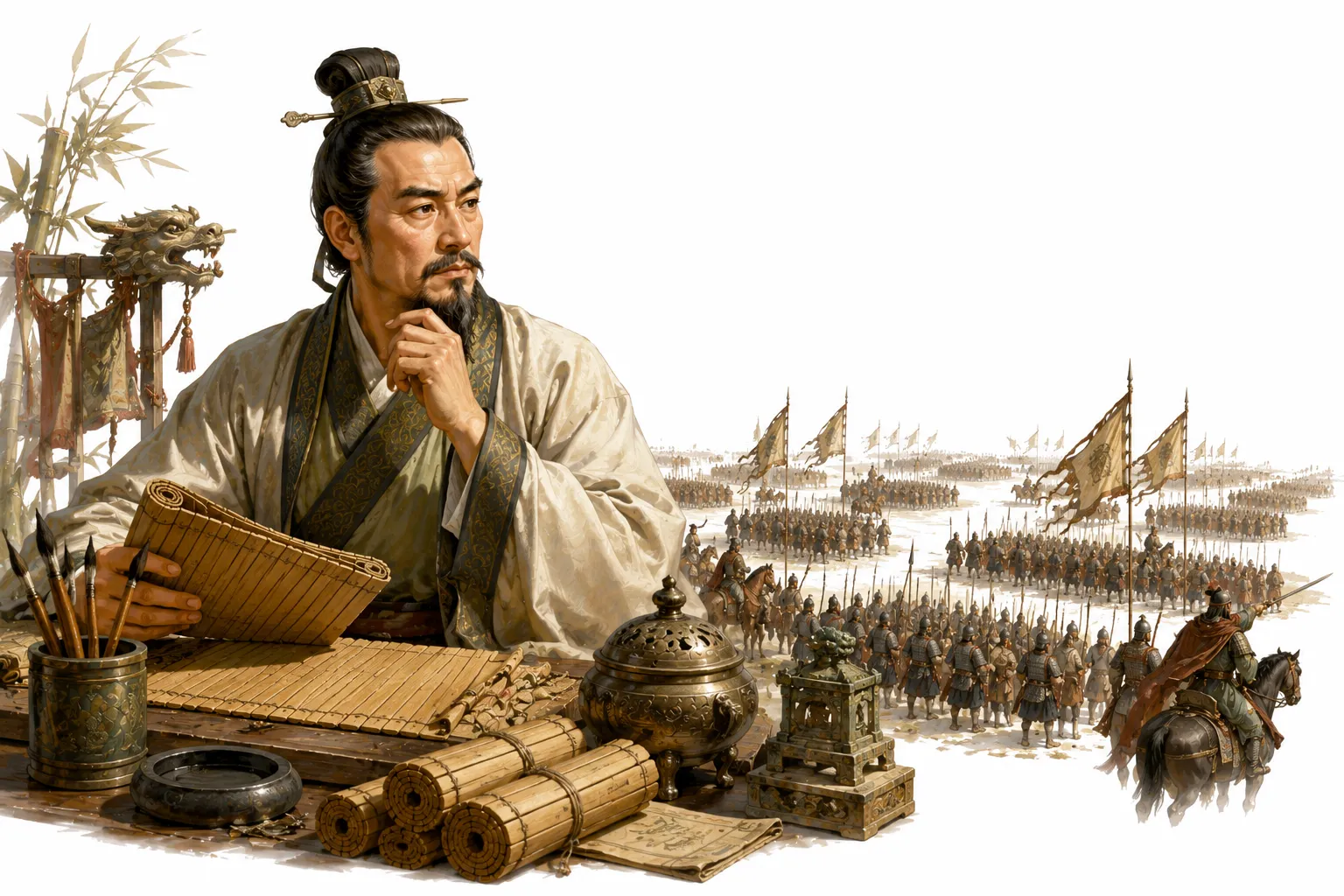 Editorial illustration of an ancient Chinese general with a scroll