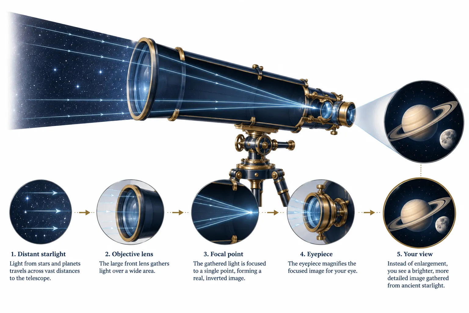 Diagram showing telescope light collection, focus, and eyepiece magnification