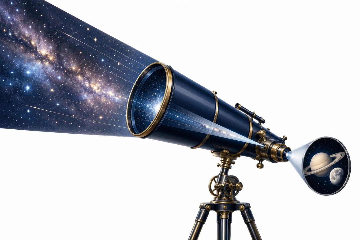 Editorial illustration of a telescope collecting light from distant stars and focusing it through lenses