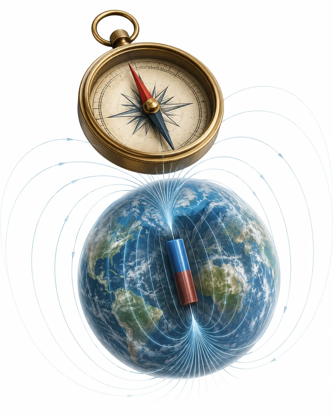 Editorial illustration showing a compass needle aligning with Earth's magnetic field lines