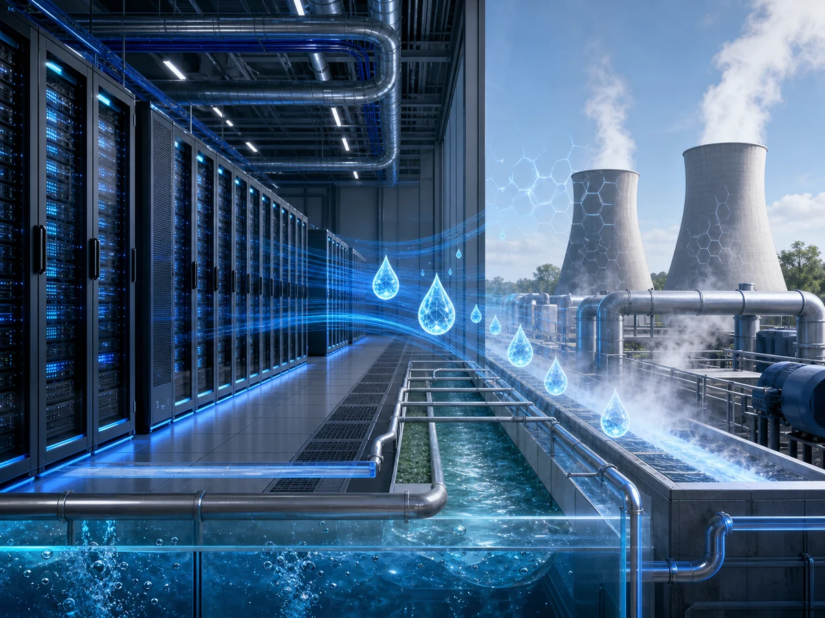 Editorial illustration of a data center with cooling towers and water droplets