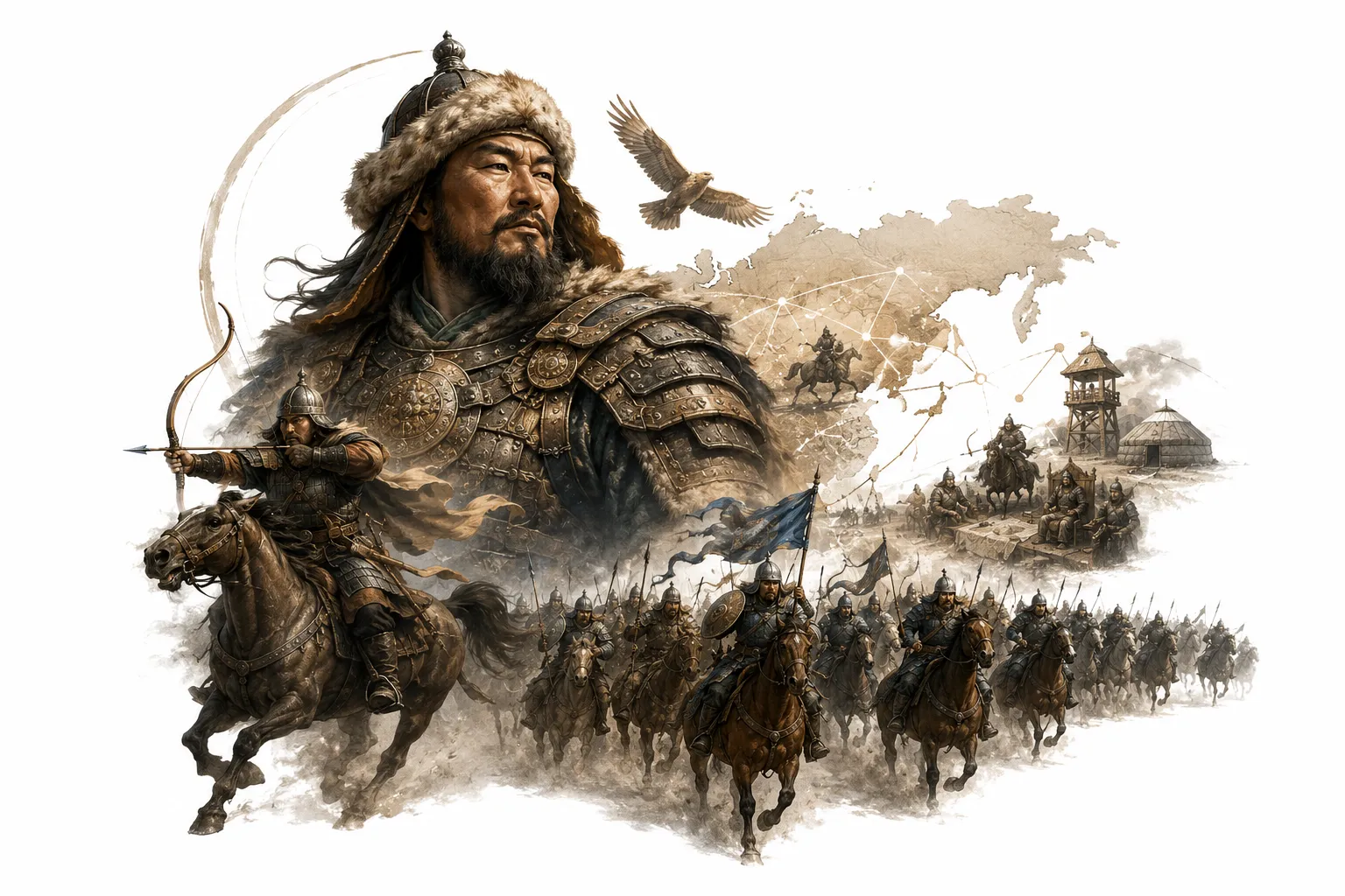Editorial illustration of Genghis Khan on horseback leading the Mongol army