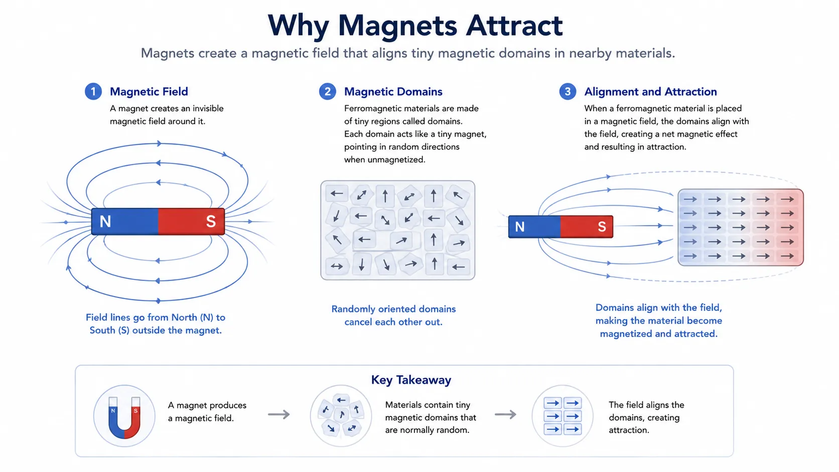 Diagram showing randomly oriented magnetic domains in unmagnetized iron versus aligned domains in a magnet