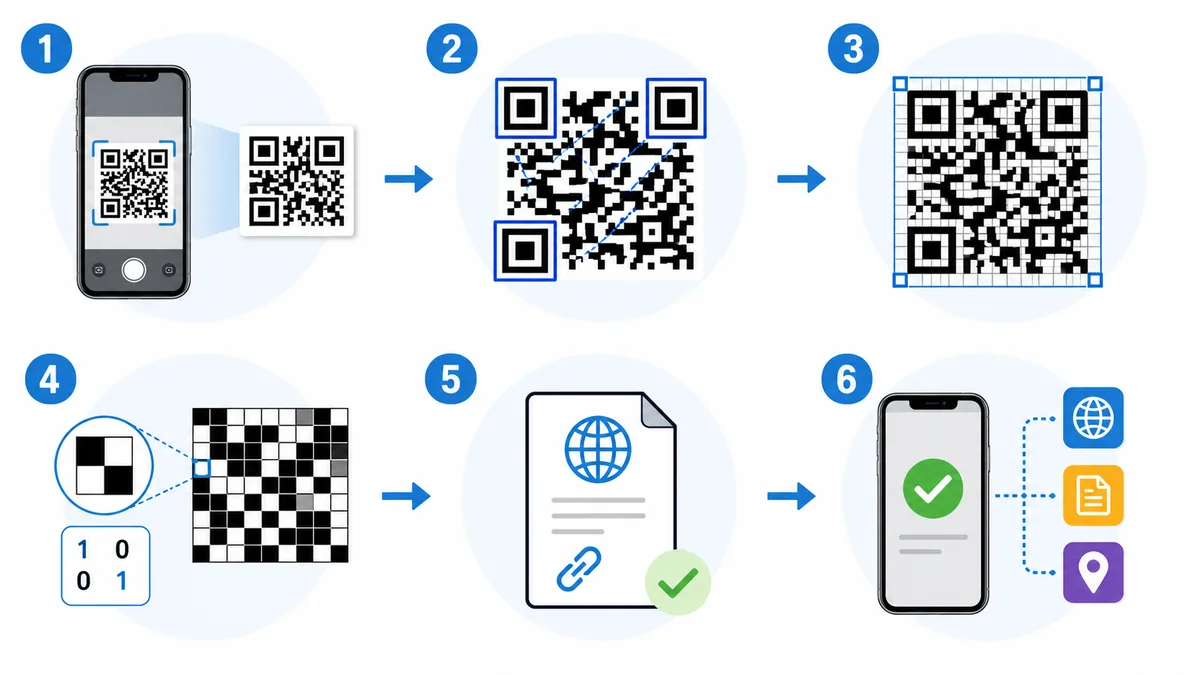 Step-by-step educational infographic showing camera capture, finder pattern detection, grid alignment, data decoding and final action execution