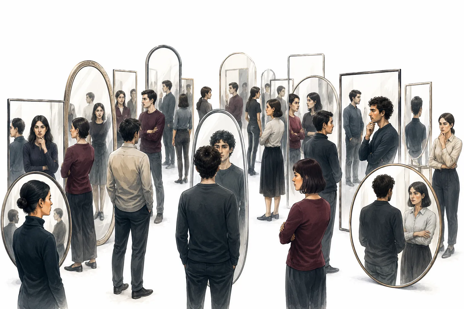 Illustration of three figures trapped together in a sparse, locked room