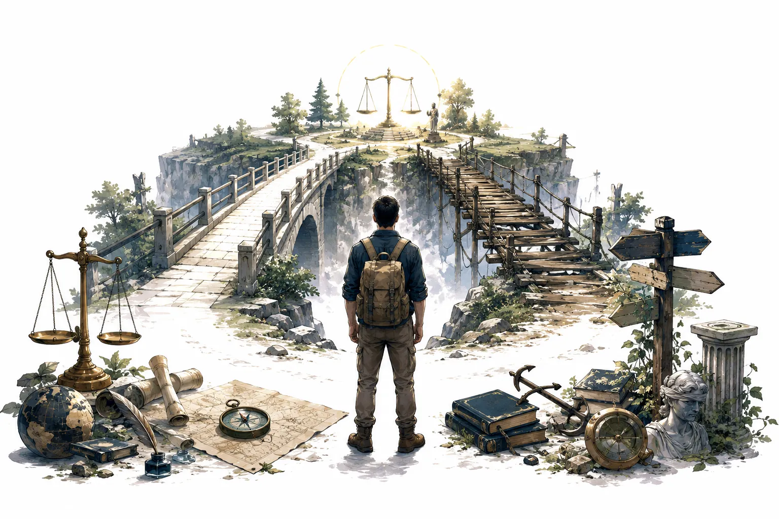 Illustration of a path leading toward a goal, with a moral fork in the road