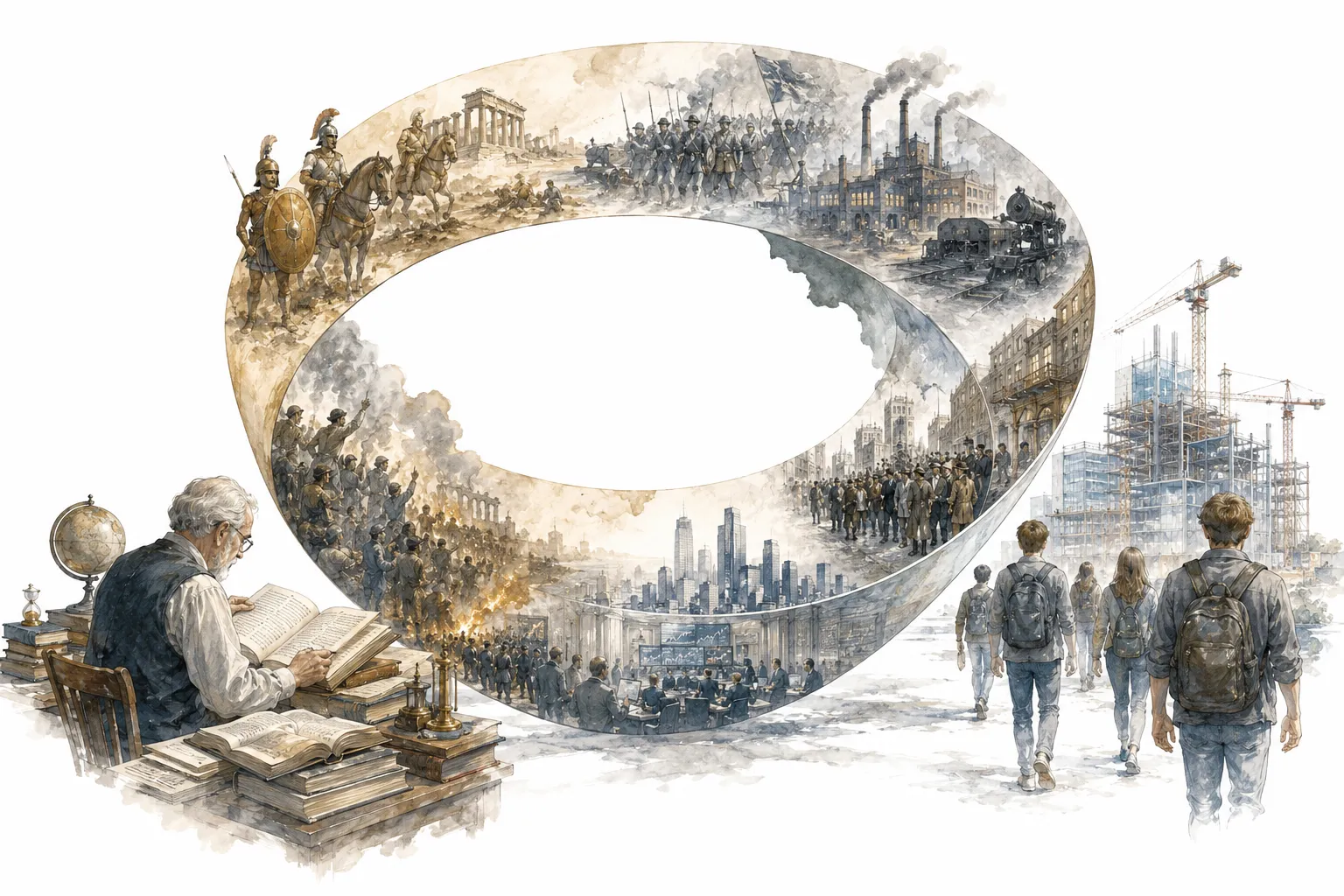 Illustration of a circular path looping back through historical eras