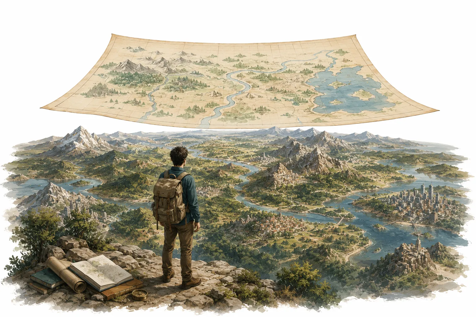 Illustration of a paper map overlaid on a real landscape, slightly misaligned