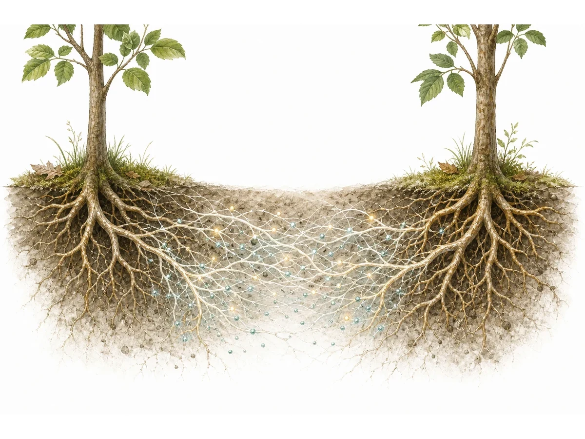 Diagram showing trees connected by underground fungal networks