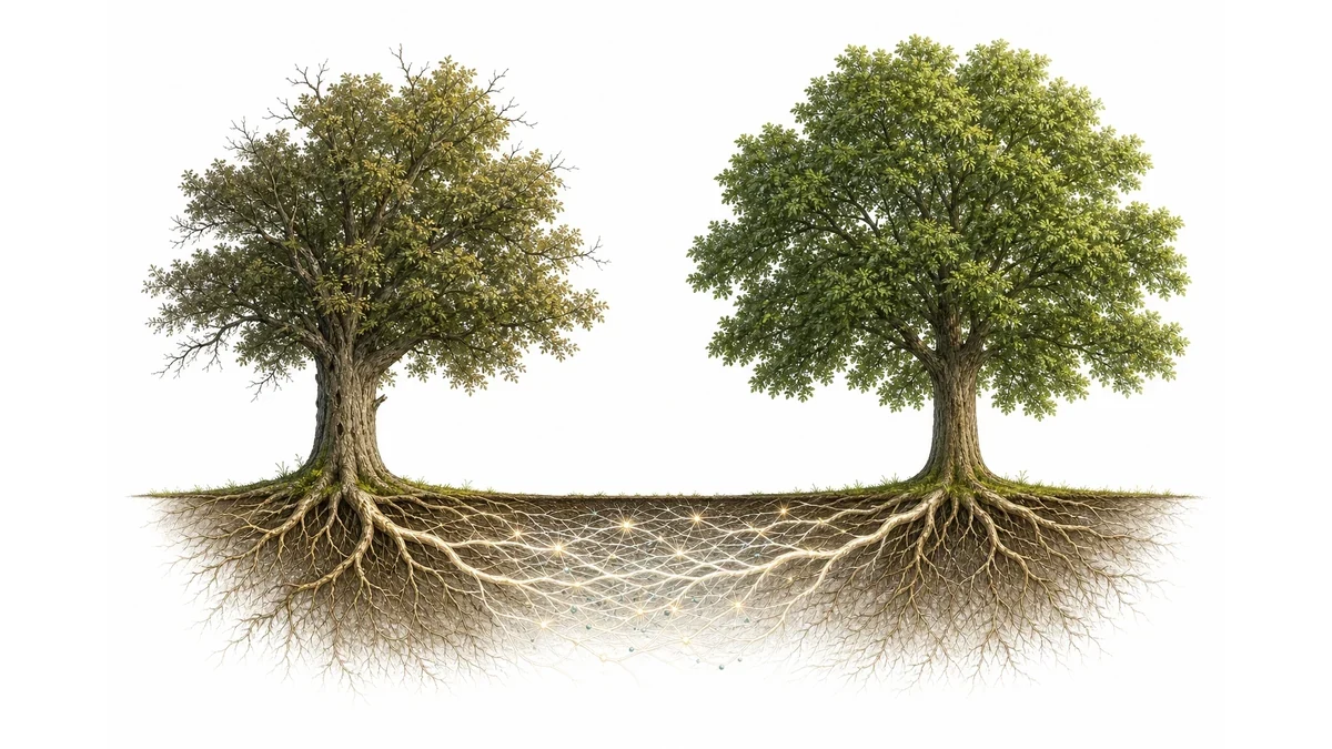 Editorial illustration of trees connected by an underground fungal network