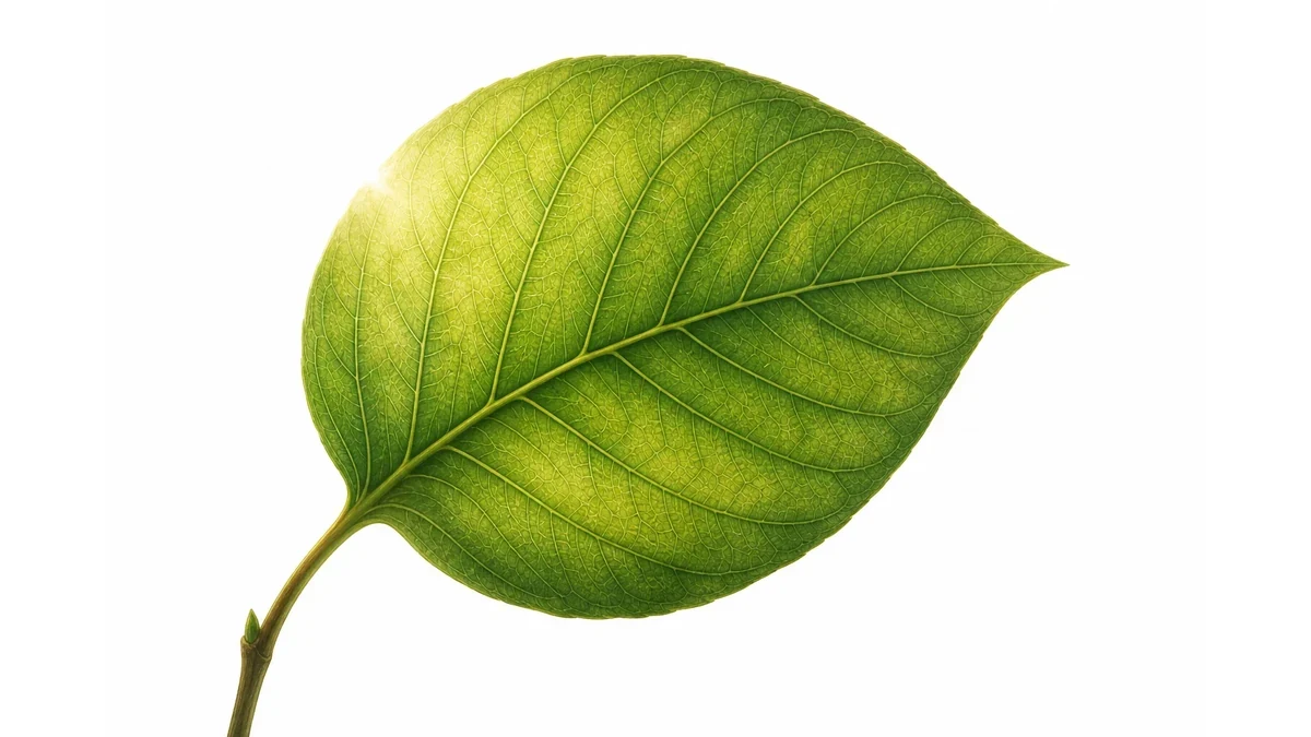 Editorial illustration of a leaf with chlorophyll molecules and sunlight absorption