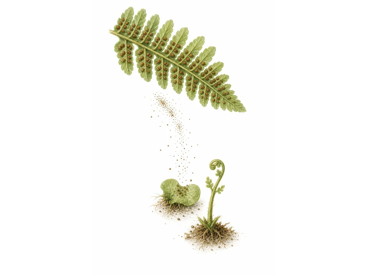 Diagram showing the fern lifecycle from spore to adult fern