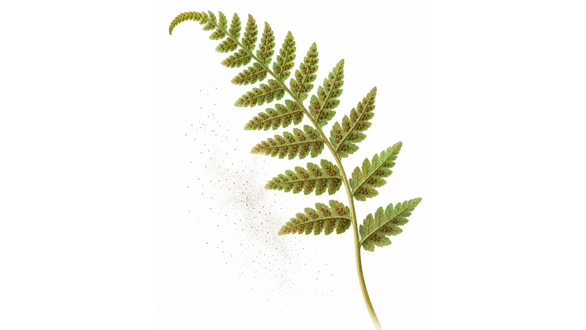 Editorial illustration of a fern releasing spores into the air