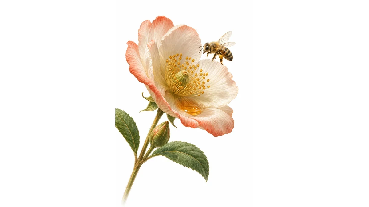 Editorial illustration of a bee drinking nectar from a flower