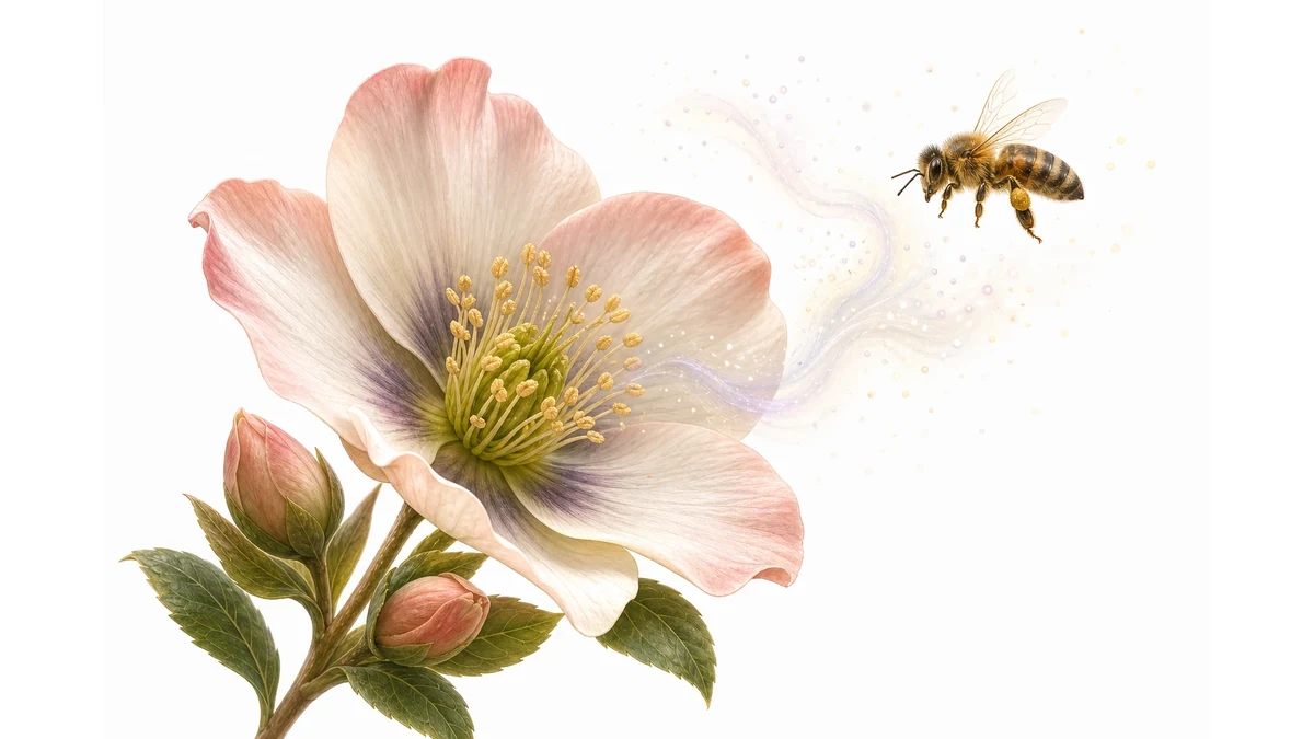 Editorial illustration of a flower emitting scent molecules to attract a bee