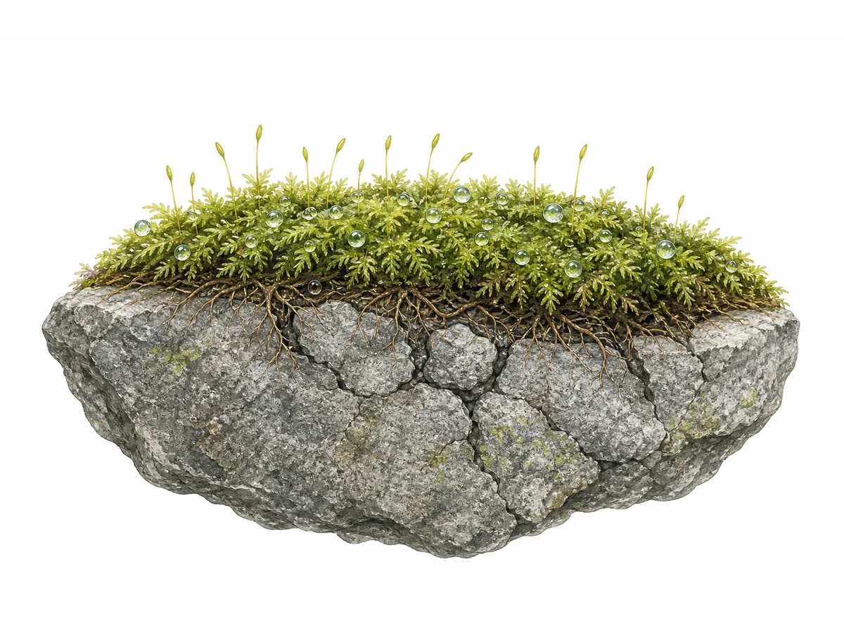 Diagram showing moss growing on rock and creating soil