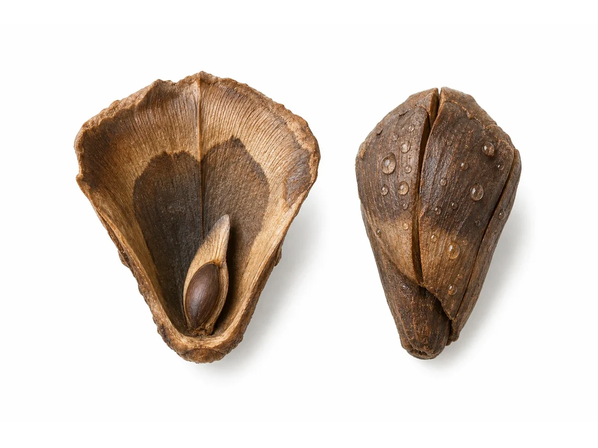 Diagram showing pinecone scales opening in dry conditions and closing in wet conditions