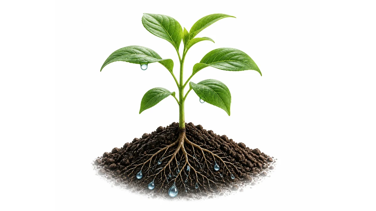 Editorial illustration of a plant absorbing water through its roots