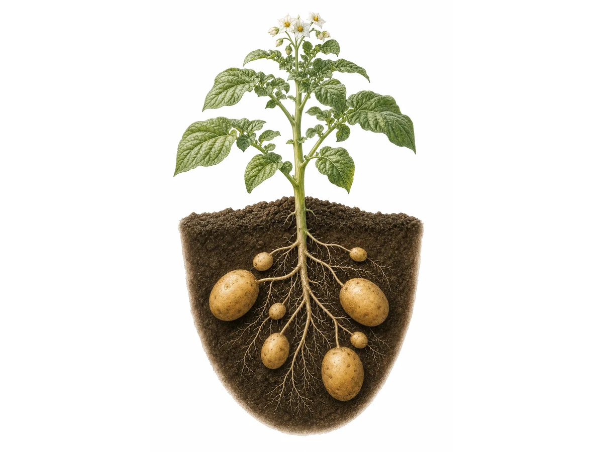 Diagram showing a potato plant and the underground tubers