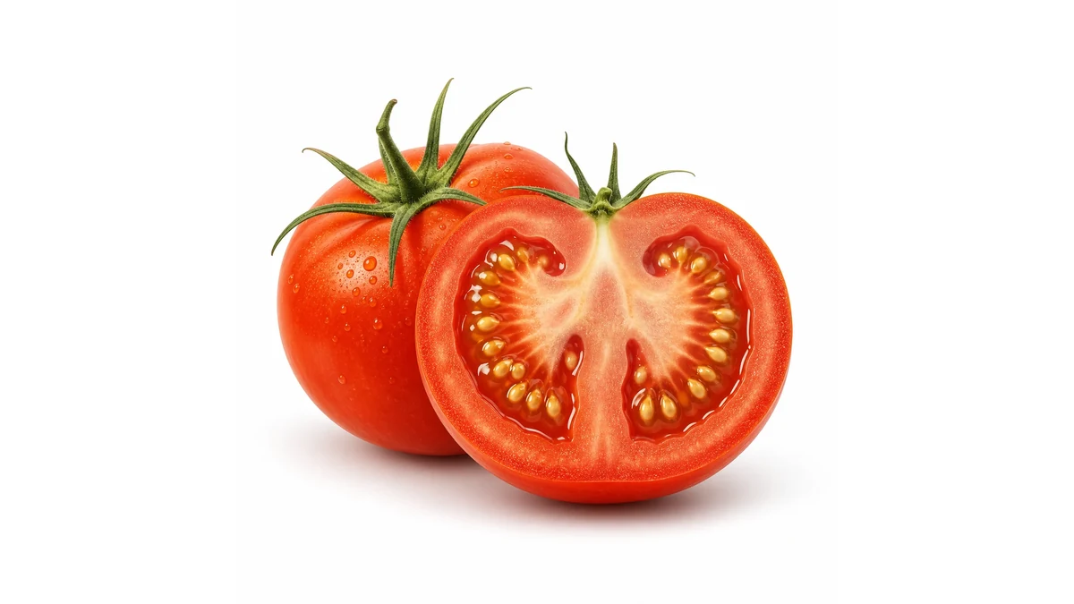 Editorial illustration of a tomato cross-section showing seeds