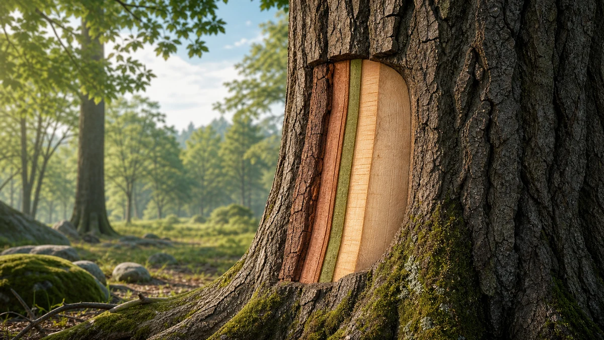 Editorial illustration of tree bark layers protecting the living wood inside a tree trunk