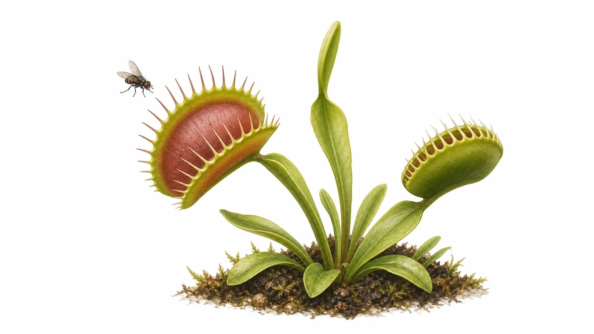 Editorial illustration of a Venus flytrap catching an insect